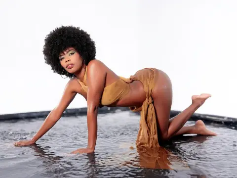 Beautiful Black woman in a gold swimsuit posing gracefully in a shallow water pool against a white background.