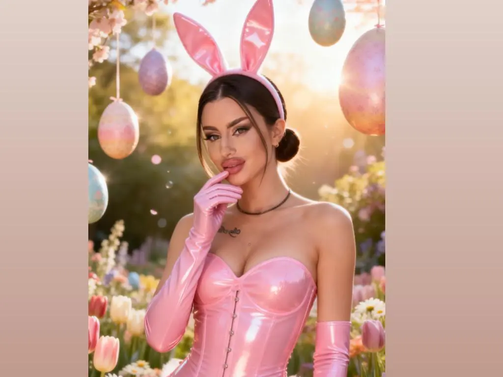 Glamorous woman in pink latex bunny outfit and gloves posing in a dreamy spring garden with Easter eggs.