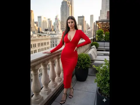 Elegant woman in a red long-sleeve midi dress posing on a city rooftop terrace at sunset.