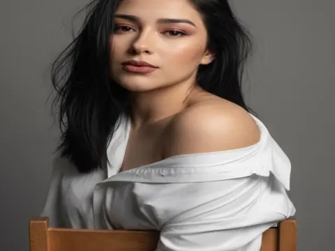 Sophie_Winslow poses with her black hair down, wearing a white off-the-shoulder shirt while sitting on a wooden chair.