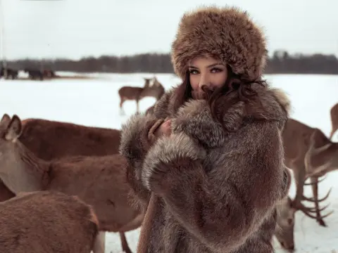 Beautiful woman in a luxury brown faux fur coat and fluffy hat standing in a snowy field with reindeer.