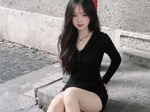 Young woman in a black long-sleeve dress sitting on stone steps in a serene outdoor setting.