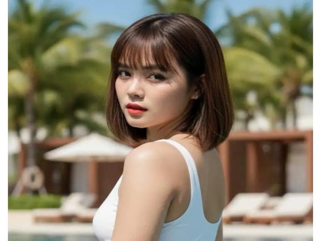 cherrysweet — Young woman in a white swimsuit relaxing at a sunny tropical resort with palm trees in the background.