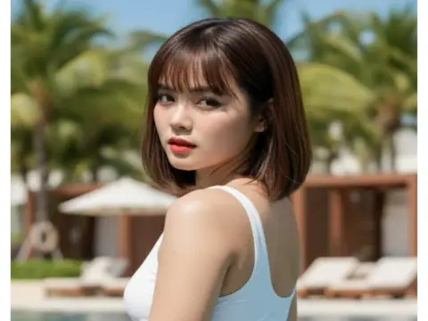 cherrysweet — Young woman in a white swimsuit relaxing at a sunny tropical resort with palm trees in the background.