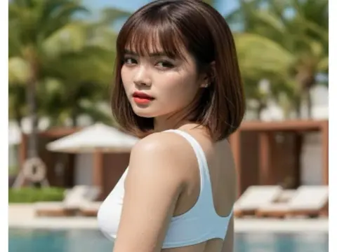 cherrysweet — Young woman in a white bikini top relaxing by a tropical resort swimming pool on a sunny day.