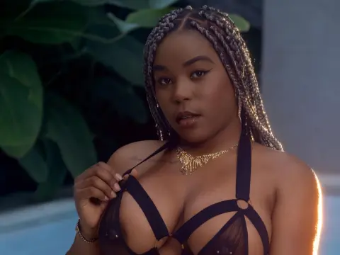 AshantyHopsom poses in a black sheer bikini top with her braided hair while looking at the camera outdoors.