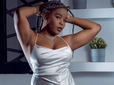AshantyHopsom poses in a white satin dress with her hands behind her head, showing off her braided hair and silver necklace.