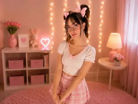 Young woman in white top and pink plaid skirt posing in a cozy, aesthetic pink bedroom with warm lighting.