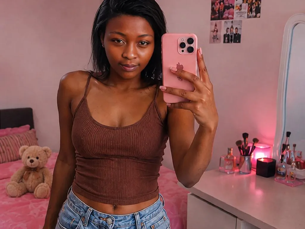 JuicyLee — JuicyLee takes a mirror selfie wearing a brown ribbed tank top and blue denim jeans in her bedroom.