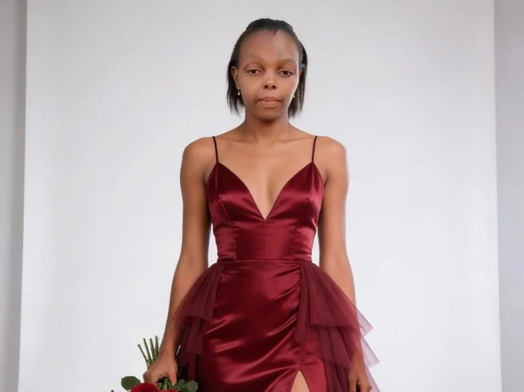 amanda806 wearing a deep red satin dress with a plunging neckline, holding a bouquet of red roses against a plain white background.