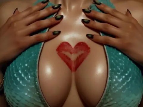 ViktoriaLive — Woman in a teal sequin bikini top with a red lipstick kiss mark on her chest.