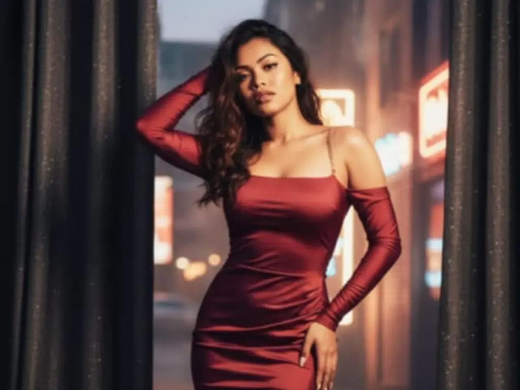 Khaliffa poses in a tight red dress with long wavy hair against a blurred city background.