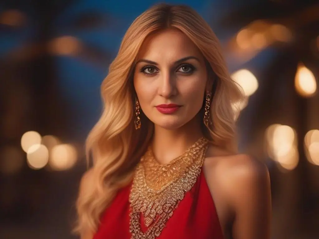 SheDiana poses with long blonde hair and red lipstick, wearing a red dress and a large gold necklace against a dark, blurry background.
