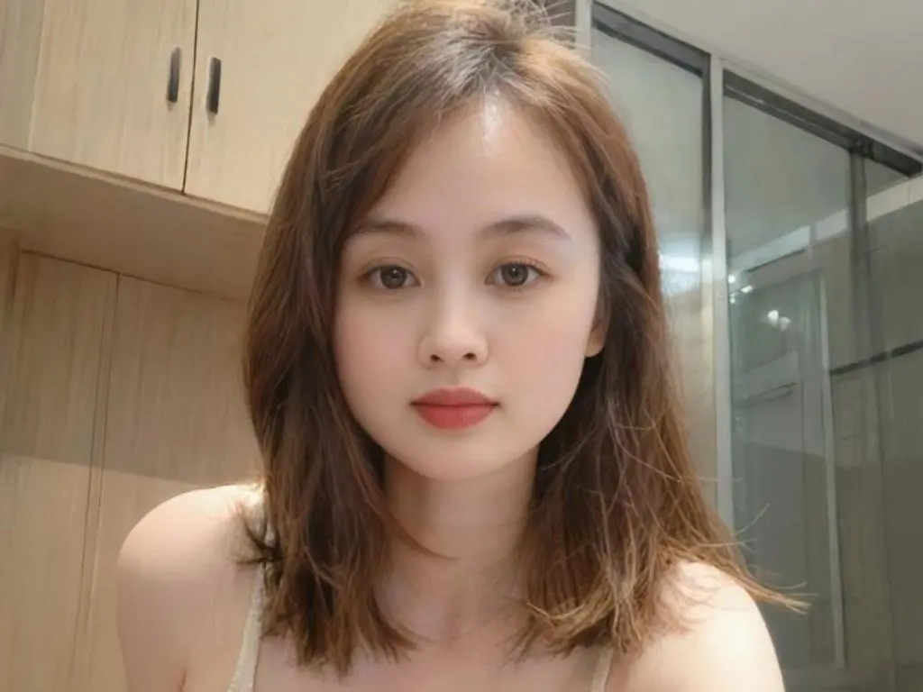 Minzy22 looks directly at the camera with her shoulder-length brown hair, wearing a light-colored camisole in a room with light wood cabinets.