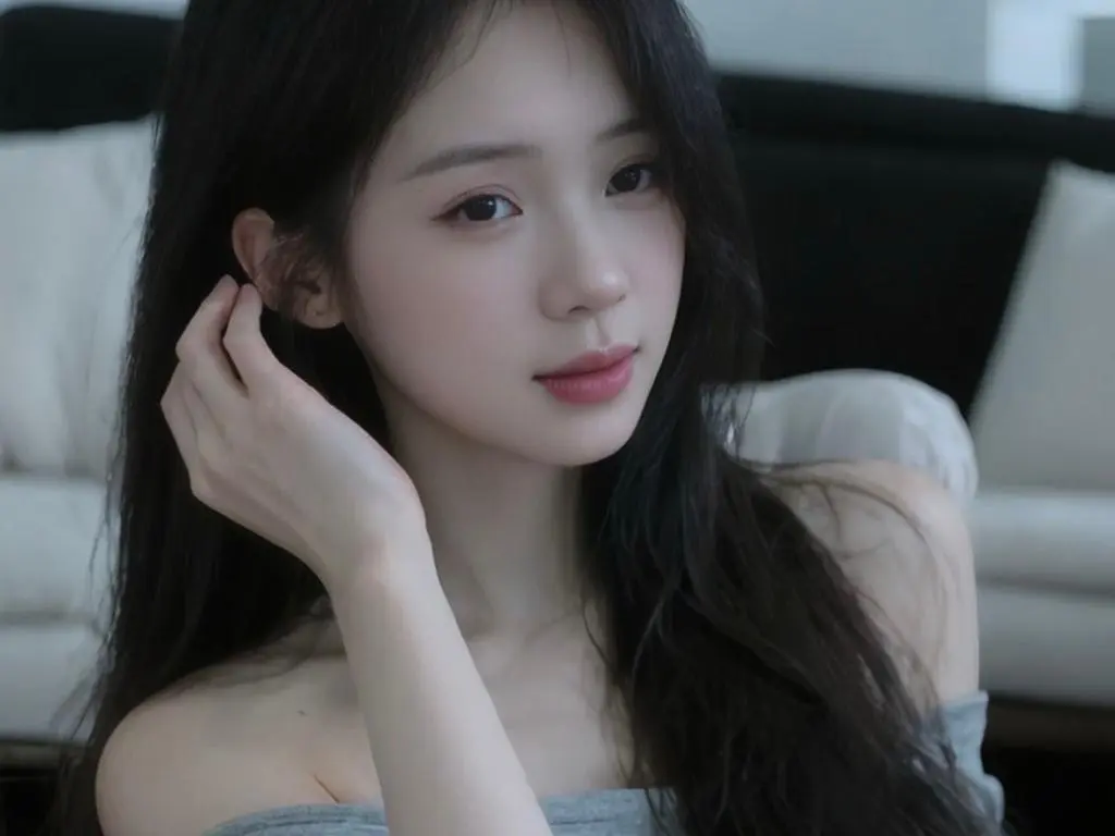 Anamis69 poses with her long black hair, looking at the camera while wearing a grey tube top.