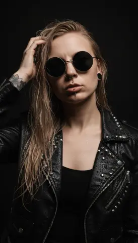 Alexa_Zaryanova — Alexa_Zaryanova wears a black leather jacket and round sunglasses while posing with her hand in her blonde hair against a dark background.