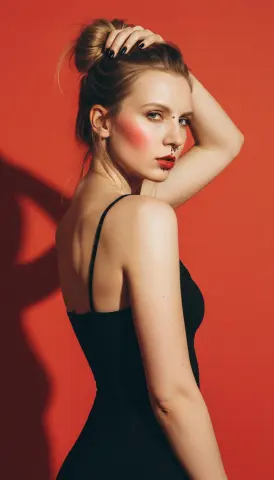 Alexa_Zaryanova — Alexa_Zaryanova poses in a black dress against a red background, looking over her shoulder with her hand in her hair.