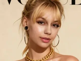 Blonde woman with bangs wearing gold hoop earrings and a chunky chain necklace in a glamorous studio setting.