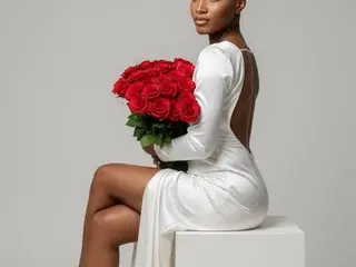AnnPrice poses in a white dress, holding a large bouquet of red roses against a plain grey background.