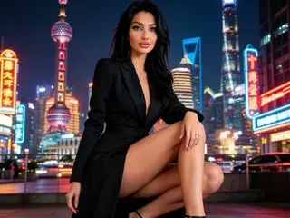 AztekaMistressX poses in a black blazer and skirt, showing off her long dark hair and legs against a bright, neon-lit city skyline at night.