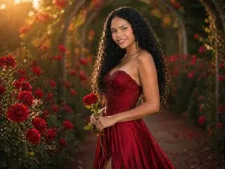 BeverlyCollins poses with long dark hair, wearing a red strapless dress while standing in a garden setting with red roses.