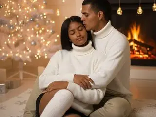 Celestesweetx24 poses with eyes closed, wearing a white turtleneck sweater while being embraced from behind.