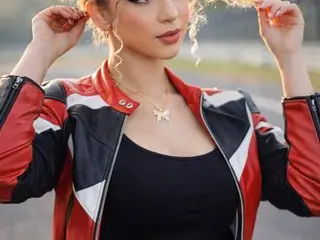 Young woman in a red and black moto jacket and butterfly necklace posing outdoors in soft sunlight.