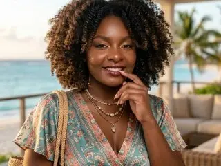 LilyReeds smiling with her hand to her chin, wearing a floral patterned top while sitting outdoors near the beach.