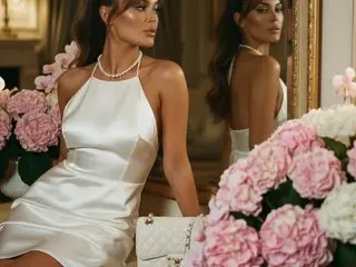 Elegant woman in a white satin halter dress wearing pearls, surrounded by pink hydrangeas in a luxury setting.