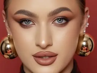 Model with glamorous bronze eye makeup and large gold hoop earrings against a red background.