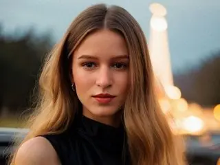 LunariaA poses with her long blonde hair down, wearing a black sleeveless top against a soft, blurred outdoor background.