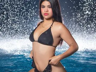 Beautiful woman in a black bikini posing under a sparkling water shower in a tropical summer mood.