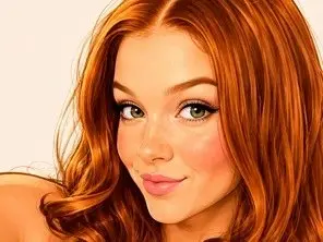 ScarlettRoseRed smiles while looking at the camera with her long, wavy red hair framing her face.