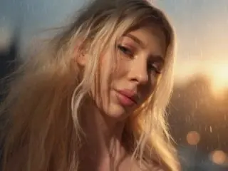 Blonde woman with dreamy makeup looking into the camera during a golden hour sunset.