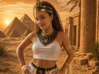 Young woman in Egyptian queen costume standing before ancient pyramids at sunset in a desert setting.