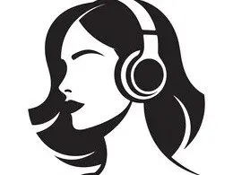 Minimalist black and white vector illustration of a woman wearing headphones for music or podcasting themes.