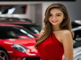 irhaaaaaa131 poses with her long brown hair down, wearing a red sleeveless top in a garage setting with cars in the background.