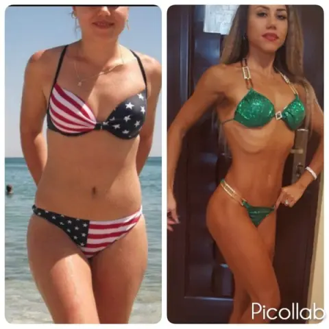Fit woman in patriotic American flag bikini posing confidently at a sunny beach and indoors.